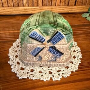 Dutch Windmill Trinket Box Vintage Green Cream Good Japan Ceramic Jar